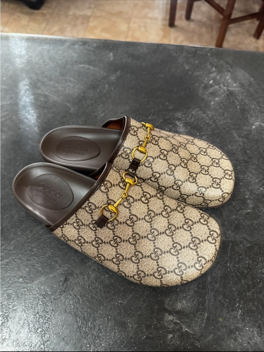 Gucci Beige GG Canvas Horsebit Mule Slides with Brown Trim